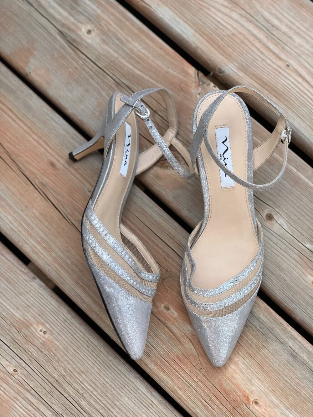 Nina Metallic Silver Pointy Toe Shoe Sandal Heel 9 Ankle Strap Rhinestones Party